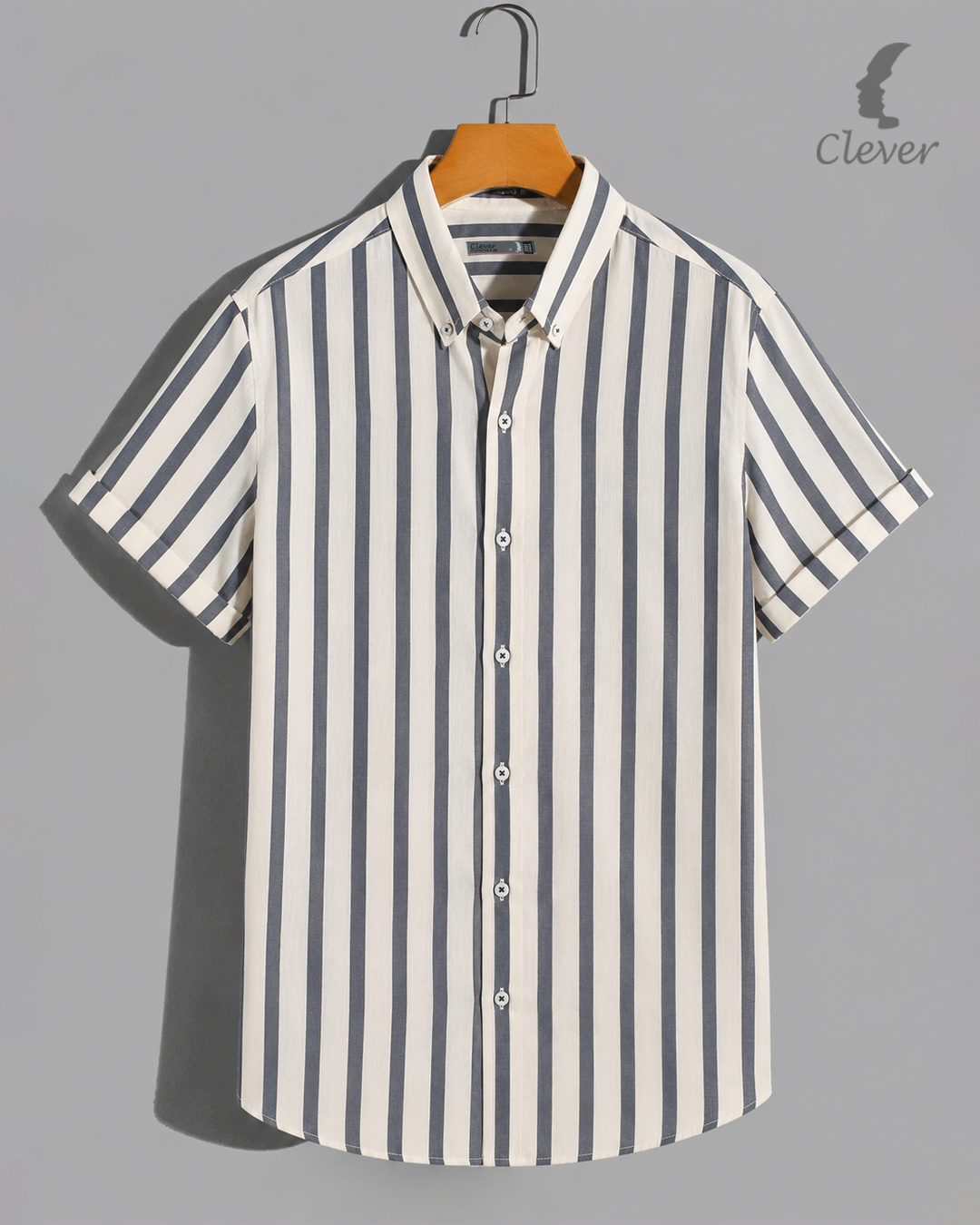 Grey & White Short-Sleeve Shirt Striped Cotton Shirt