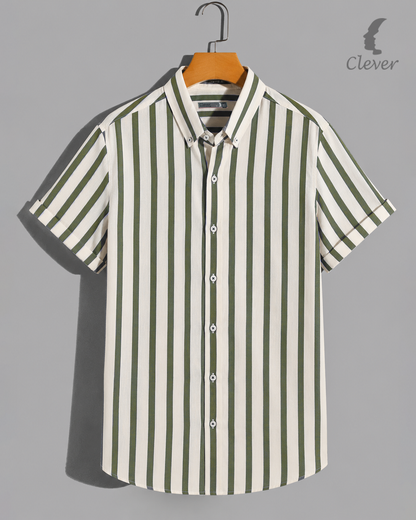 Oil  & White Short-Sleeve Shirt Striped Cotton Shirt