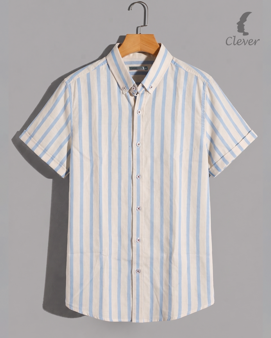 Sky Blue & White Short-Sleeve Shirt Striped Cotton Shirt