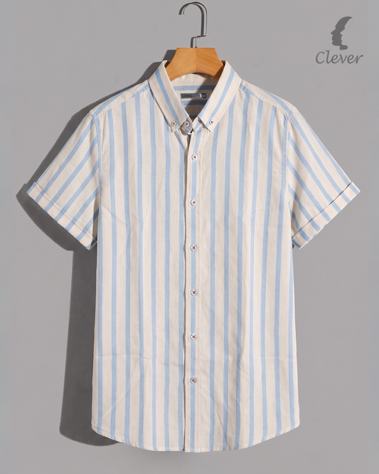 Sky Blue & White Short-Sleeve Shirt Striped Cotton Shirt