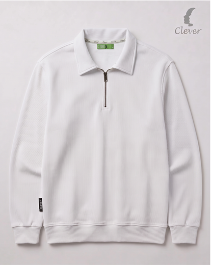 Ribbed pullover with collar and half zip - white