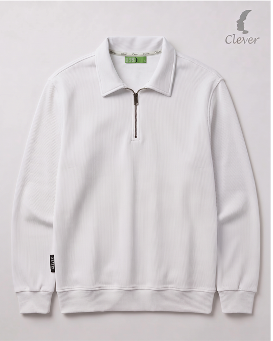 Ribbed pullover with collar and half zip - white