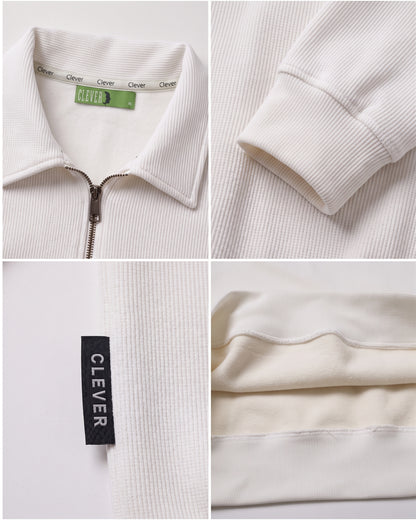 Ribbed pullover with collar and half zip - white