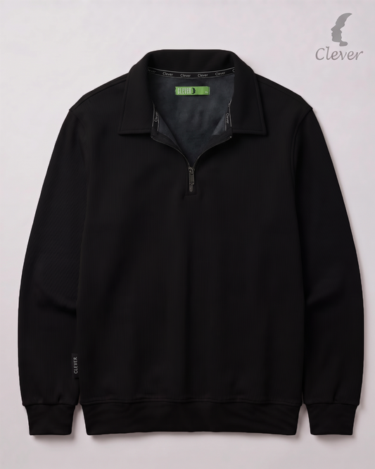 Ribbed pullover with collar and half zip - black