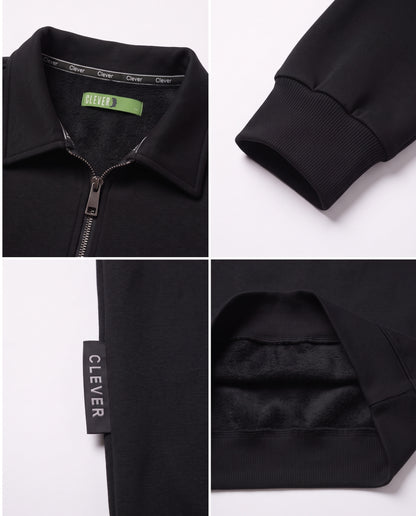 Ribbed pullover with collar and half zip - black