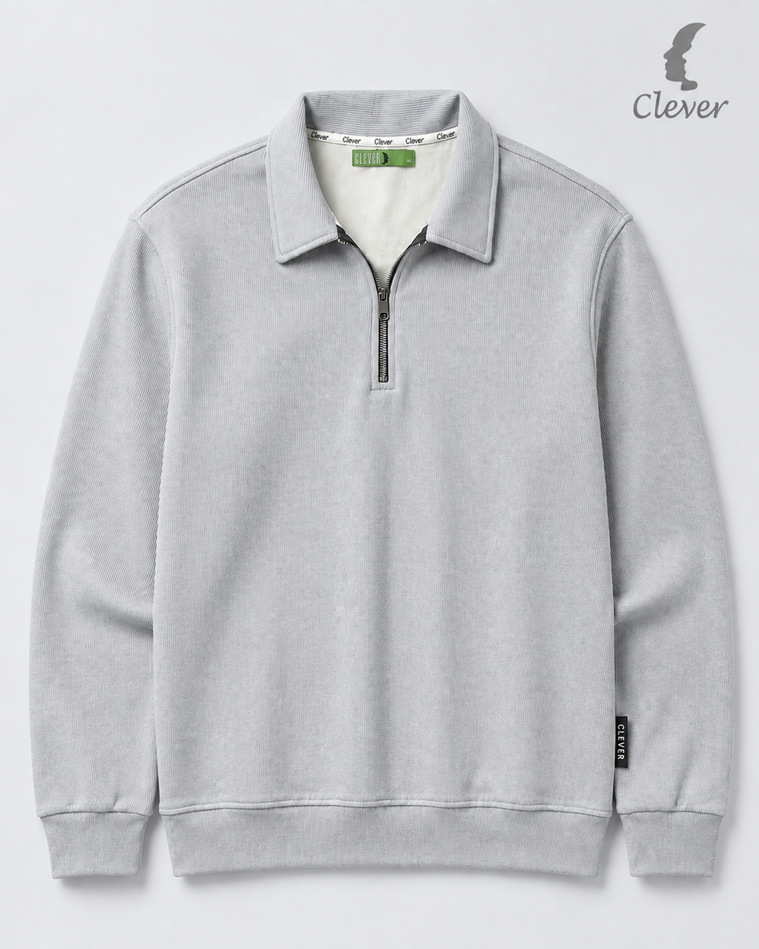 Ribbed pullover with collar and half zip - bright gray