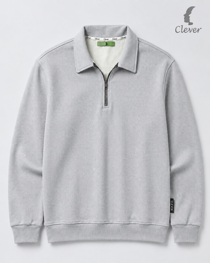 Ribbed pullover with collar and half zip - bright gray