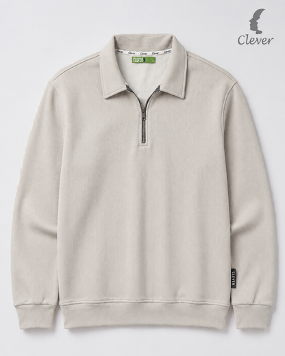 Ribbed pullover with collar and half zip - beige
