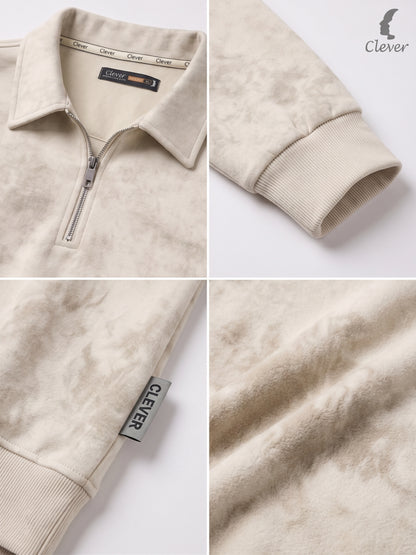 Short zip-up collared jumper with a marble effect - light beige