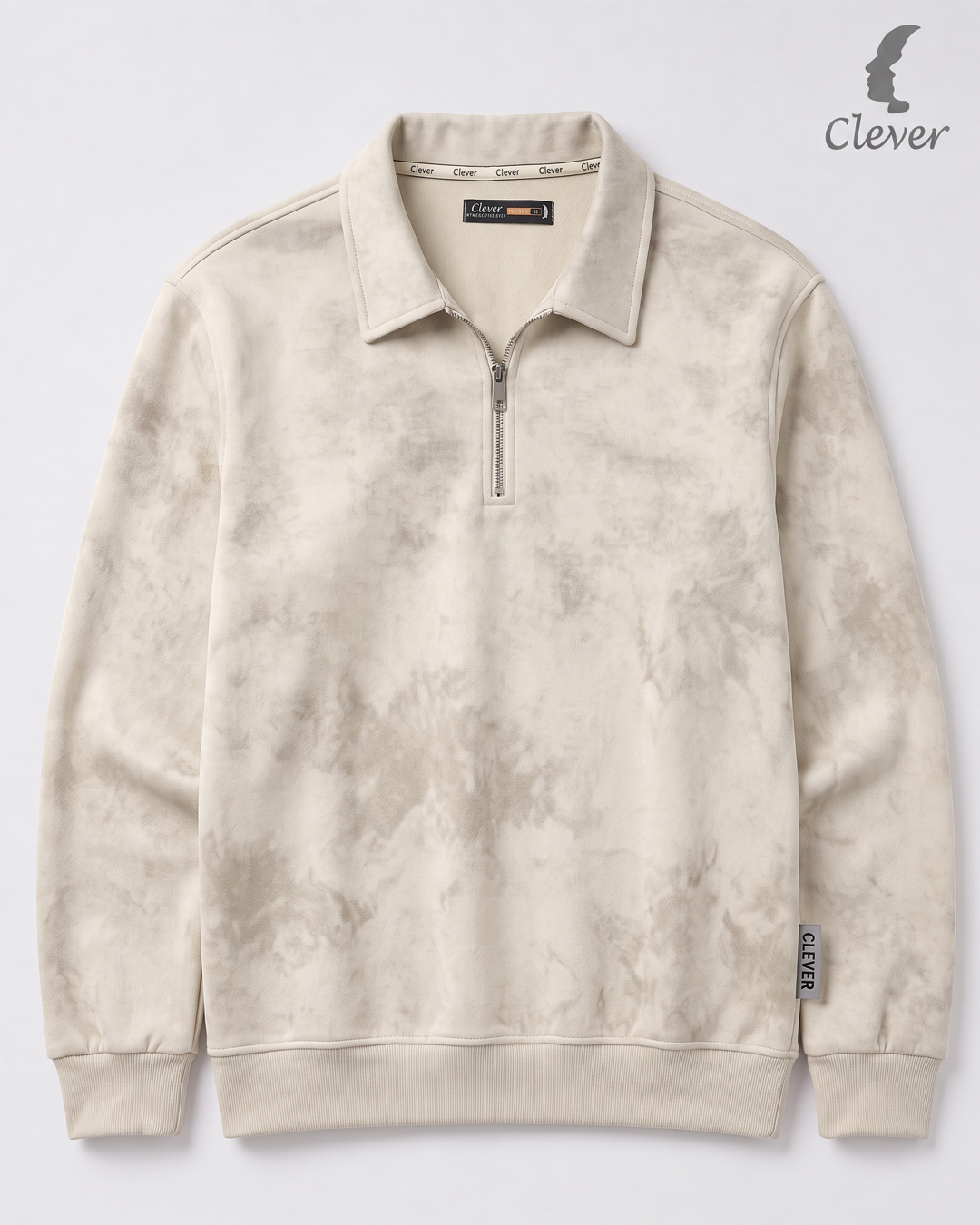 Short zip-up collared jumper with a marble effect - light beige