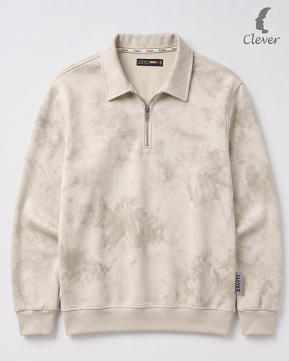 Short zip-up collared jumper with a marble effect - light beige