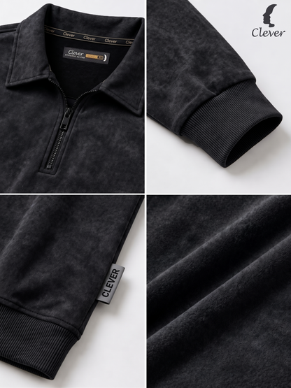 Pullover with collar and short zip - Dark gray/black