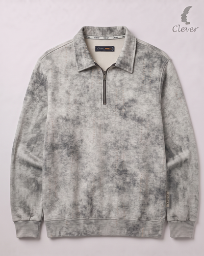 Short zip-up collared jumper with a fine stripe pattern and marble effect - light gray