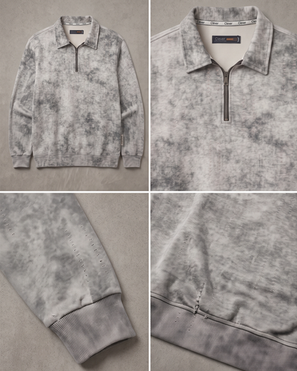 Short zip-up collared jumper with a fine stripe pattern and marble effect - light gray