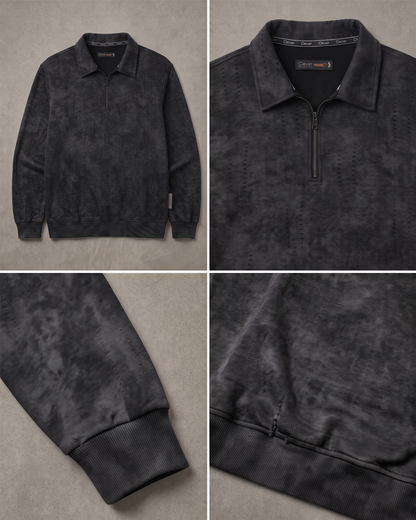 Short zip-up collared pullover with a fine stripe pattern - dark gray