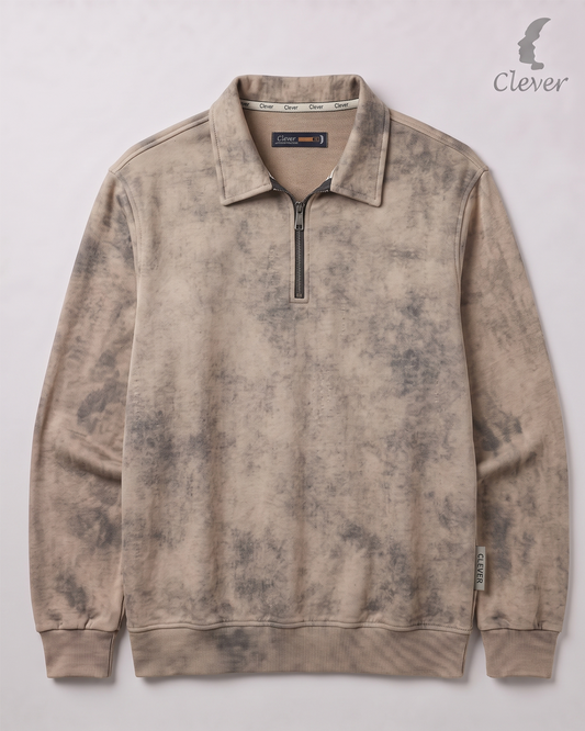 Short zip-up collared jumper with a fine stripe pattern and marble effect - beige and gray