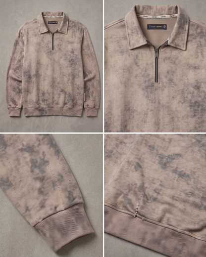 Short zip-up collared jumper with a fine stripe pattern and marble effect - beige and gray
