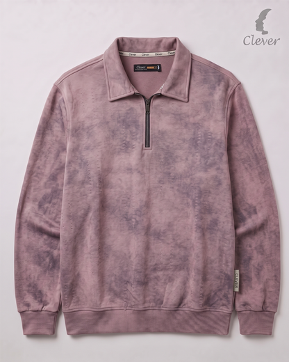 Short zip-up collared jumper with a fine stripe pattern and marble effect - pale mauve