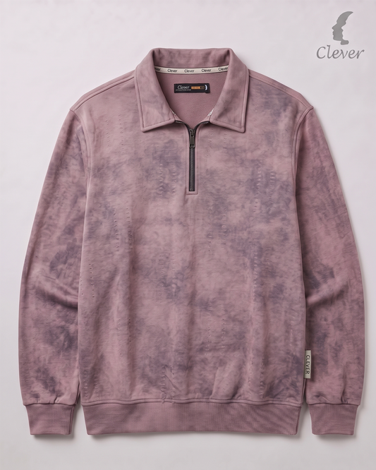 Short zip-up collared jumper with a fine stripe pattern and marble effect - pale mauve