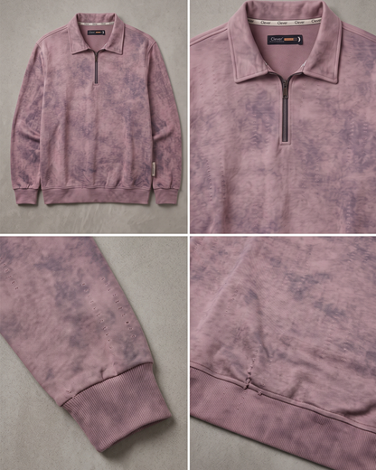 Short zip-up collared jumper with a fine stripe pattern and marble effect - pale mauve