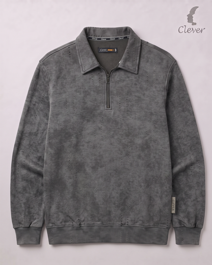 Short zip-up collared jumper with a fine stripe pattern and marble effect - medium gray