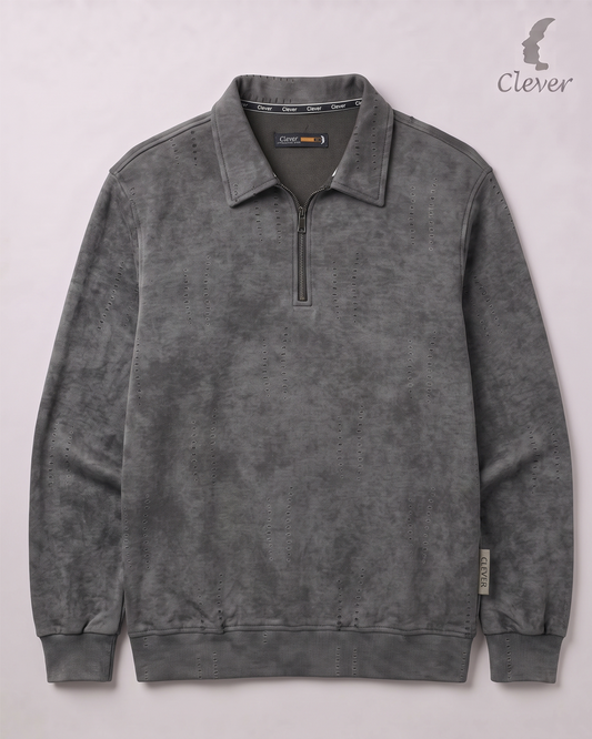 Short zip-up collared jumper with a fine stripe pattern and marble effect - medium gray