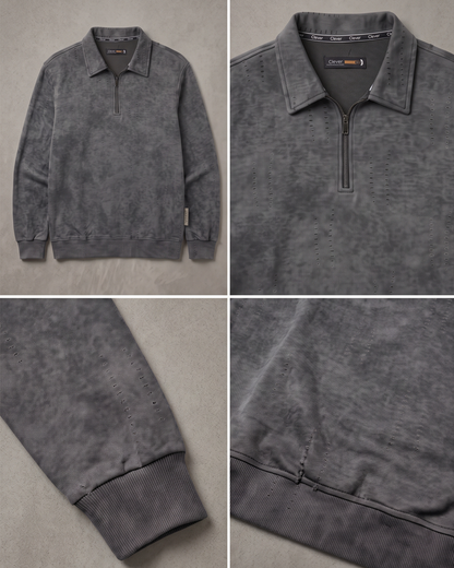 Short zip-up collared jumper with a fine stripe pattern and marble effect - medium gray