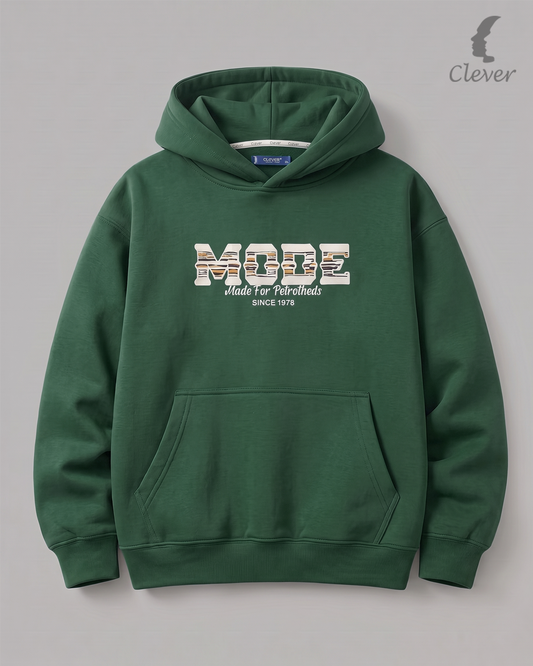 Hoodie with a prominent "MODE" print - green