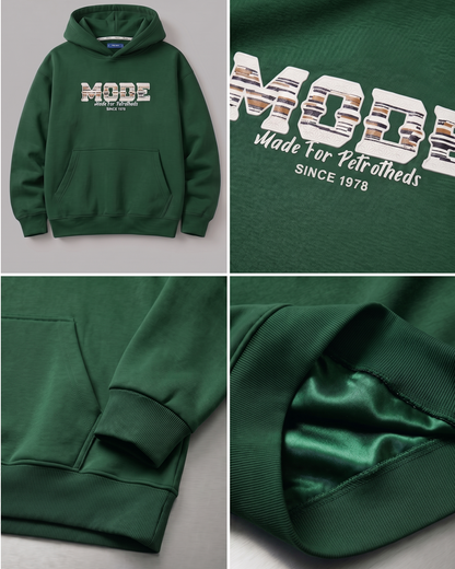 Hoodie with a prominent "MODE" print - green