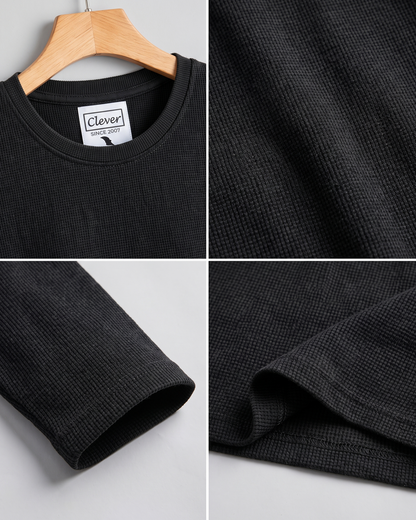Classic Waffle-Weave Long-Sleeve T-Shirt - Black