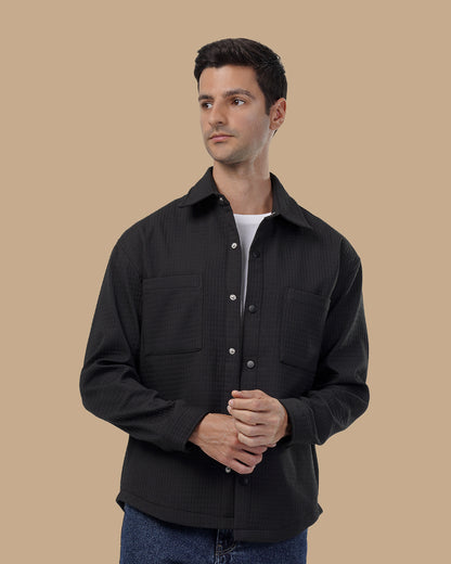 Classic Grid-Textured Quilted Jacket - Black