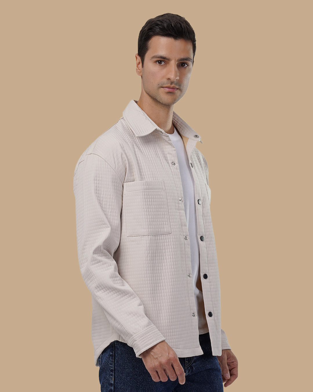 Classic Grid-Textured Quilted Jacket - Beige