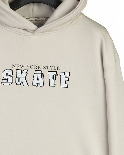 Beige Printed Cotton Hoodie