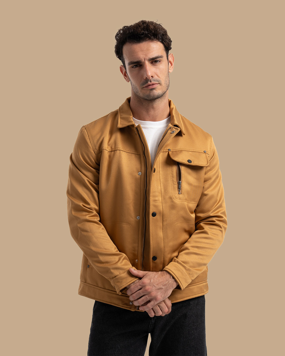 Camel Casual Gabardine Jacket with Pocket