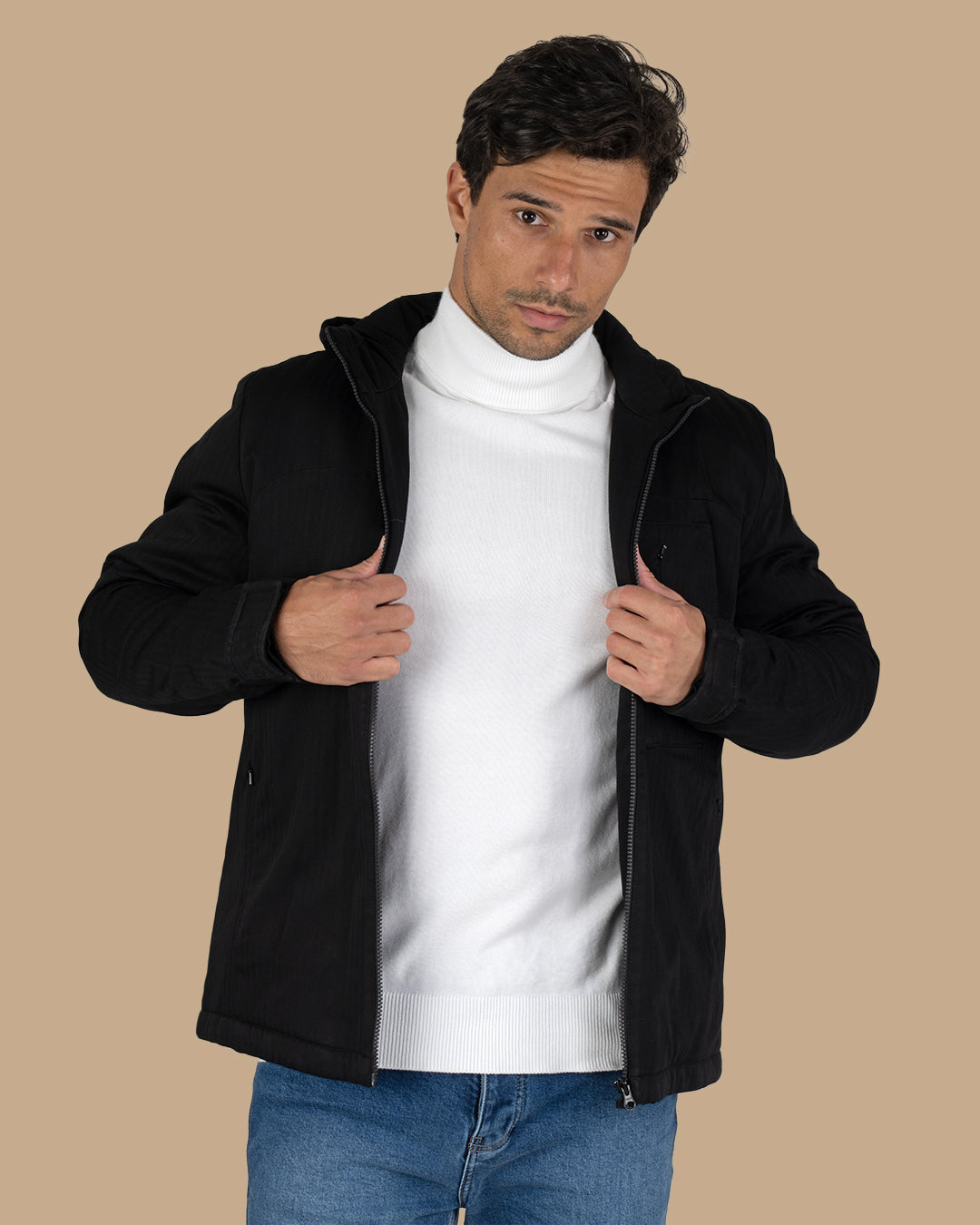 Black Gabardine Hooded Jacket