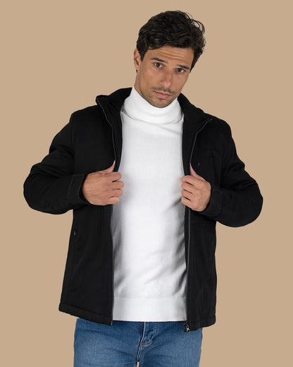 Black Gabardine Hooded Jacket