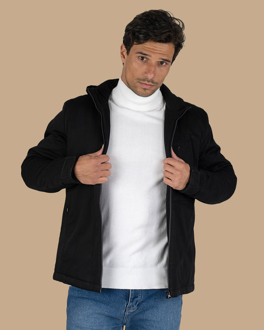 Black Gabardine Hooded Jacket