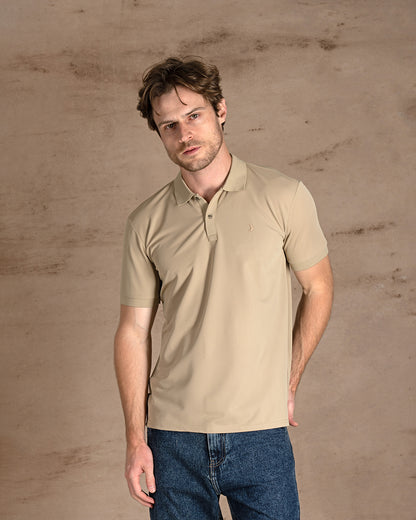 Dark Beige Cotton Knitted Polo Shirt  Short sleeves