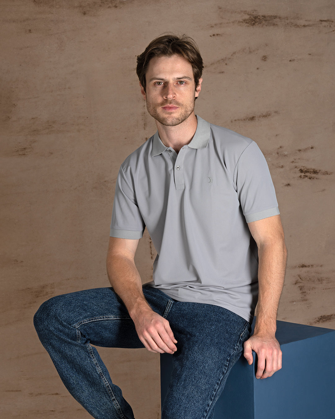 Gray Cotton Knitted Polo Shirt Short sleeves