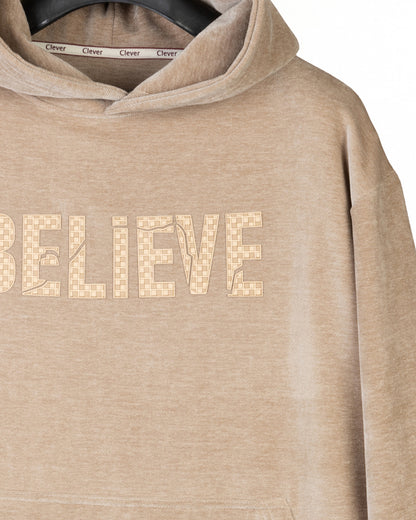 Beige Printed Velvet Hoodie