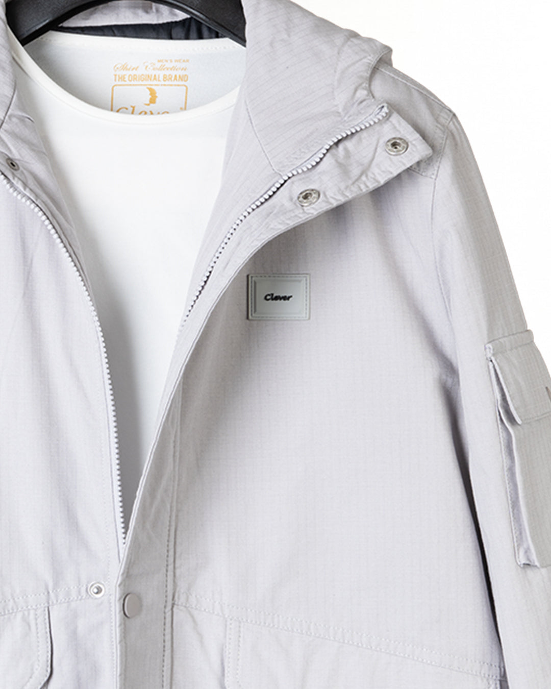 Grey Gabardine Hooded Jacket with Pockets