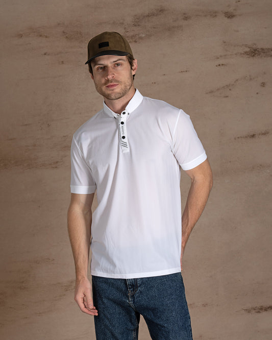 White Cotton Knitted Polo Shirt With Button
