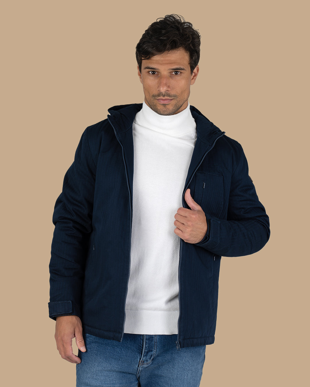 Navy-blue Gabardine Hooded Jacket