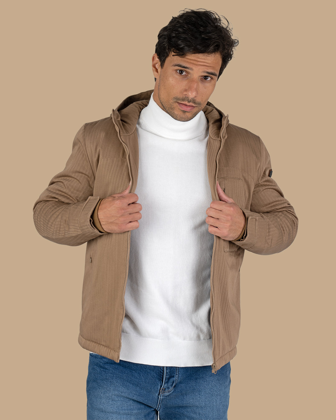 Camel Gabardine Hooded Jacket