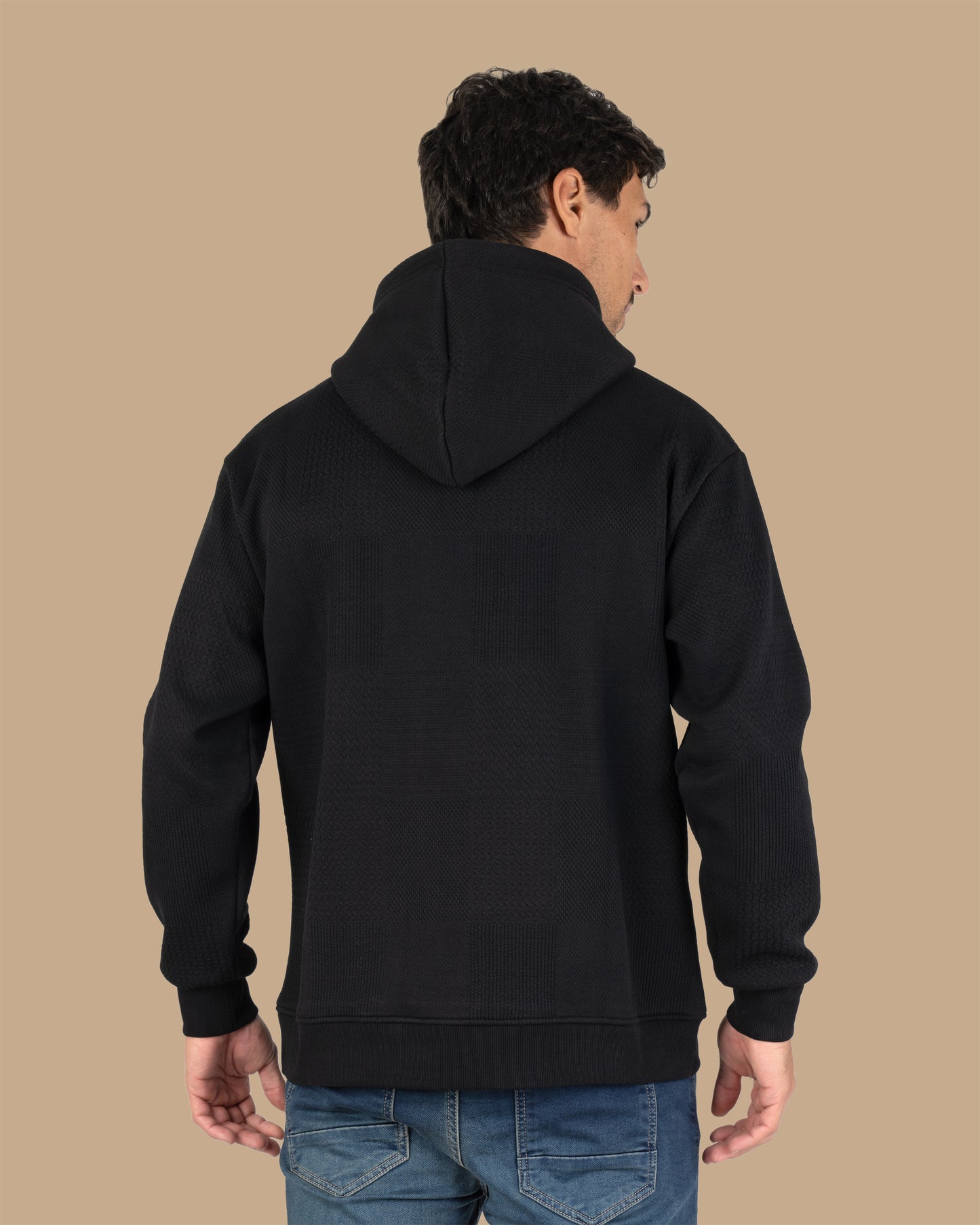 Black Patterned Knit cotton Hoodie