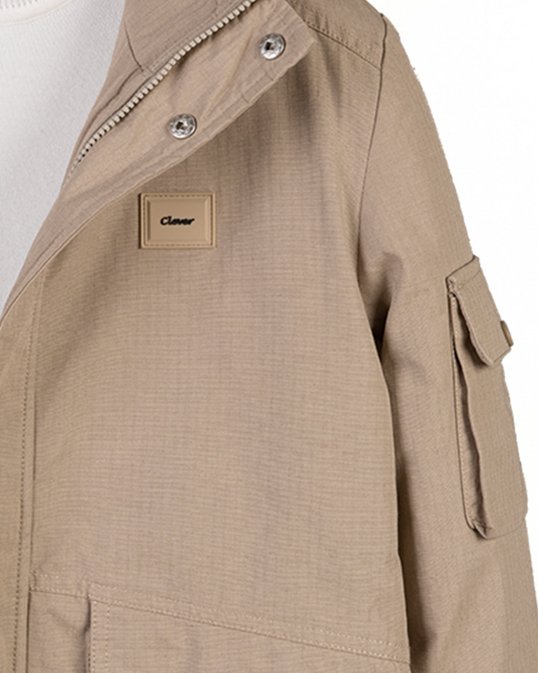 Beige Gabardine Hooded Jacket with Pockets