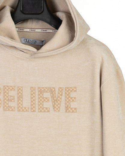 Light-Beige Printed Velvet Hoodie
