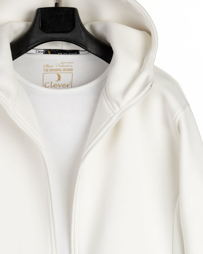 White Full-Zipper Plain Cotton Hoodie