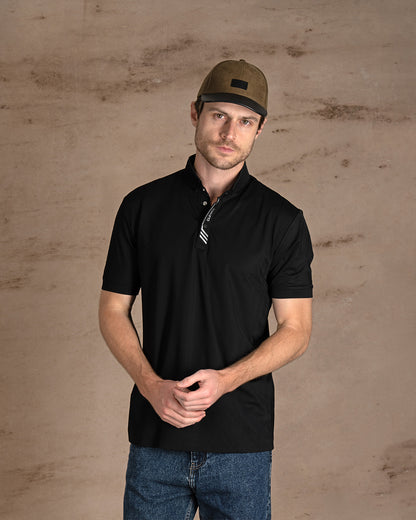 Black Cotton Knitted Polo Shirt With Button