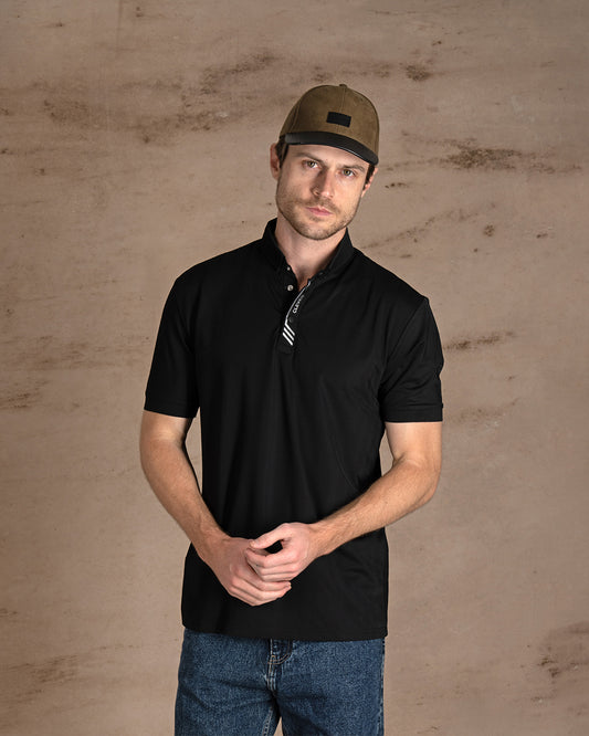 Black Cotton Knitted Polo Shirt With Button